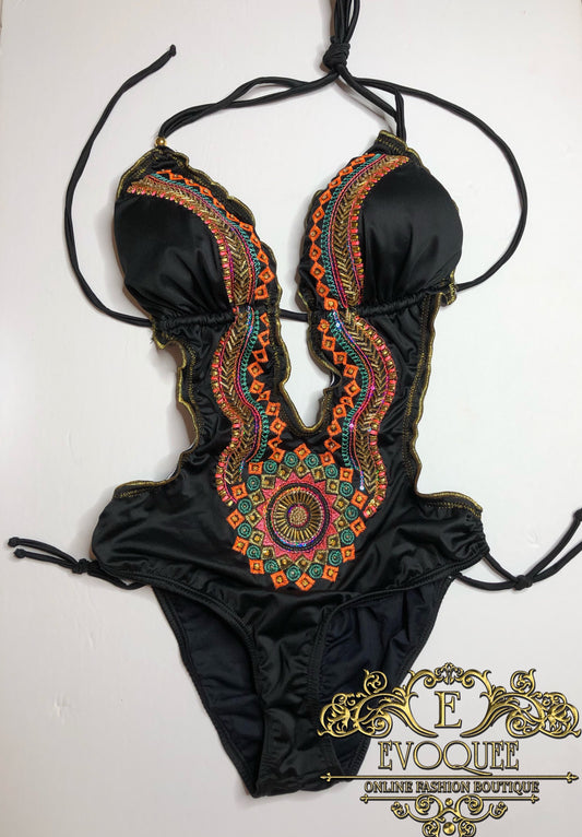 Colombian Black Beaded One Piece Swimsuit