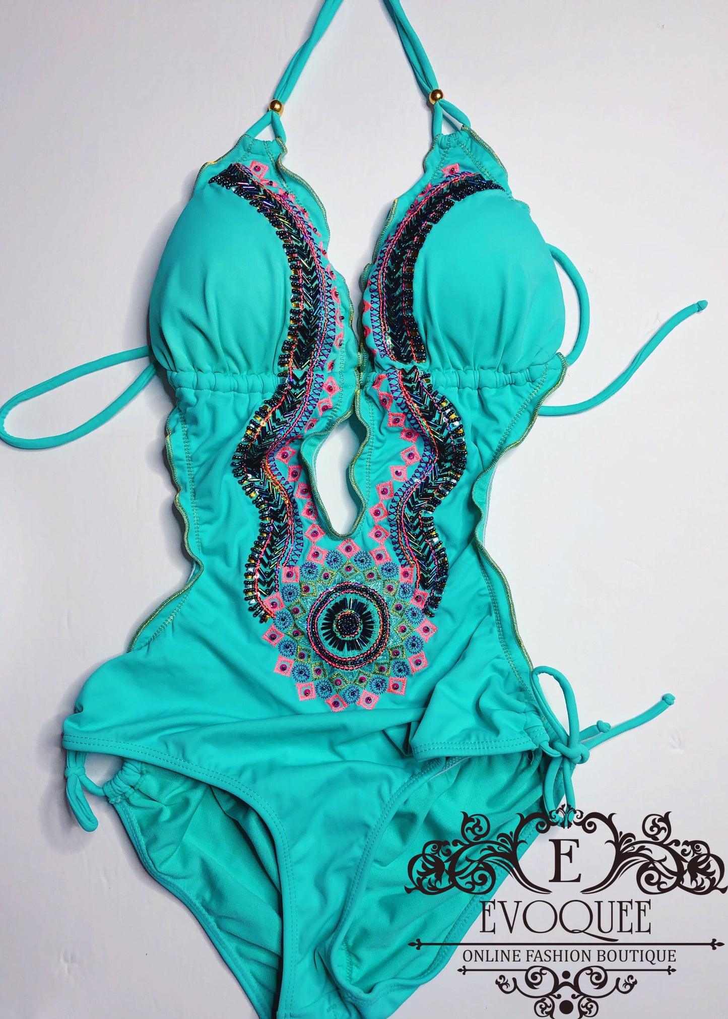 Colombian Turquoise  Beaded One Piece Swimsuit